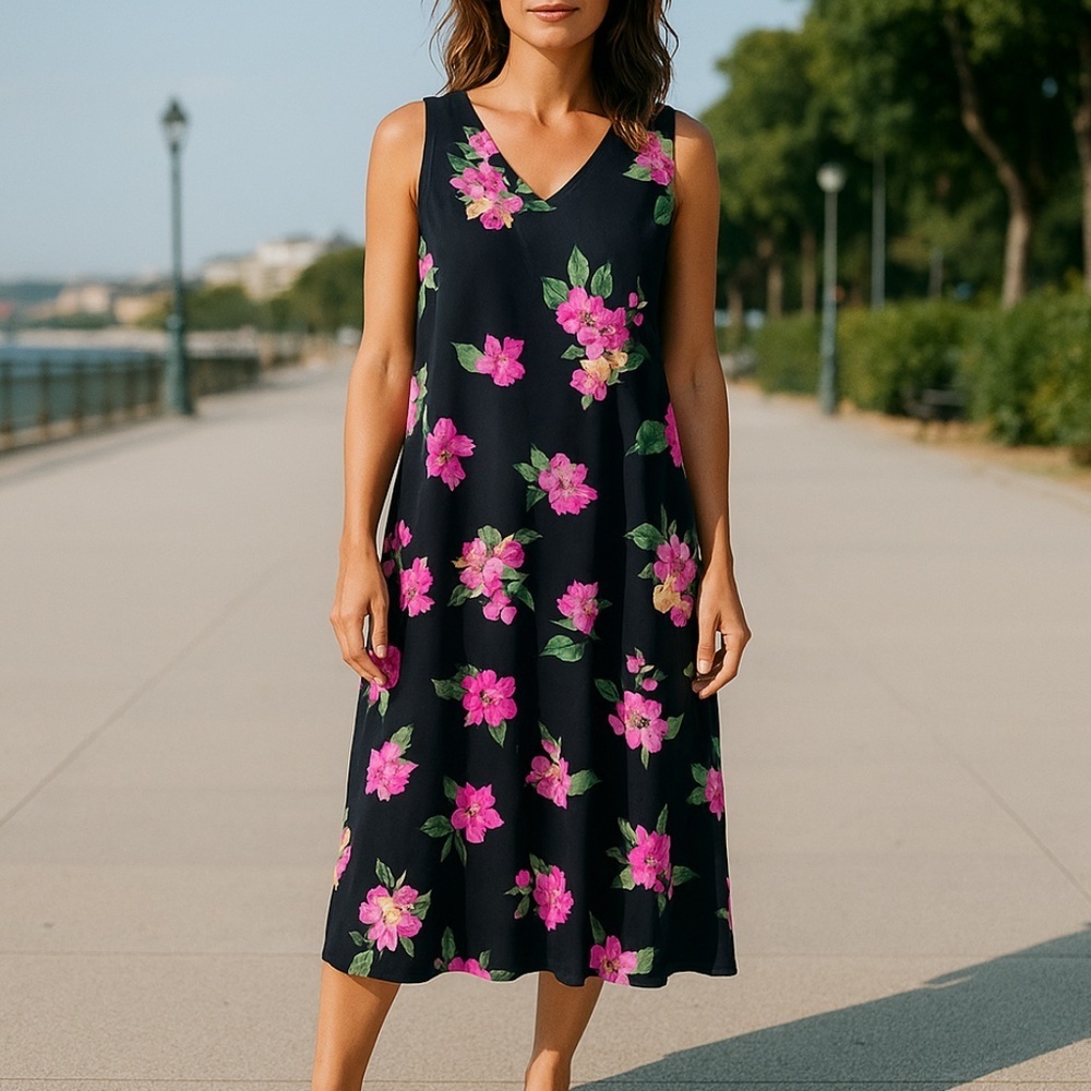 Susan Graver XXS sleeveless dress black floral with tiers - super cute